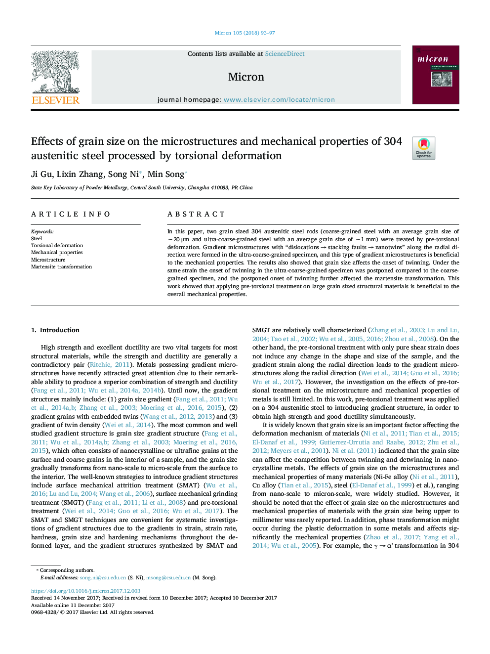 Effects of grain size on the microstructures and mechanical properties of 304 austenitic steel processed by torsional deformation