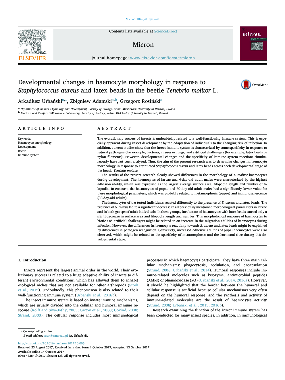 Developmental changes in haemocyte morphology in response to Staphylococcus aureus and latex beads in the beetle Tenebrio molitor L.