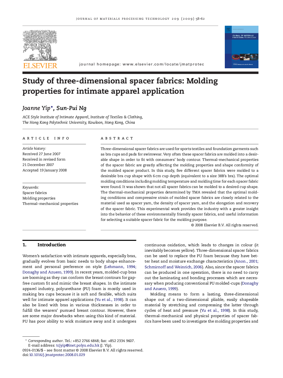 Study of three-dimensional spacer fabrics: Molding properties for intimate apparel application