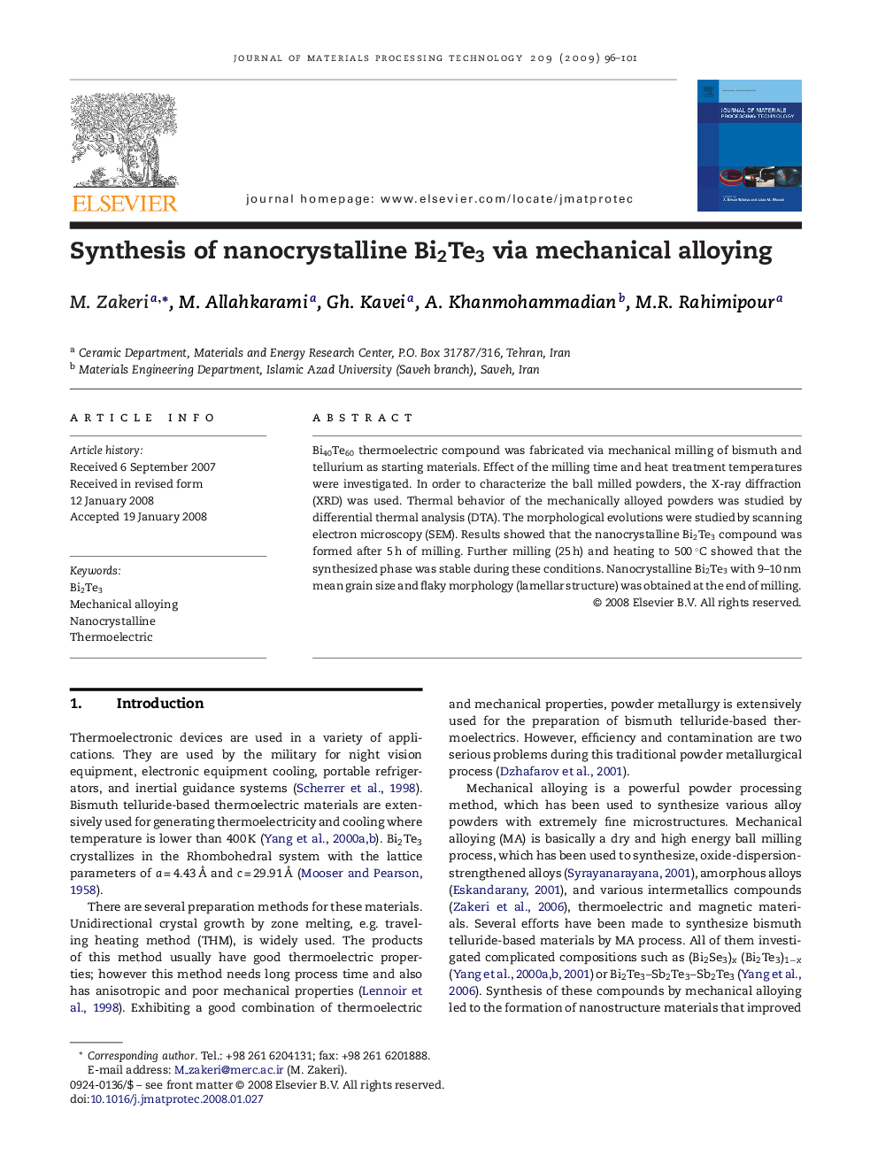 Synthesis of nanocrystalline Bi2Te3 via mechanical alloying