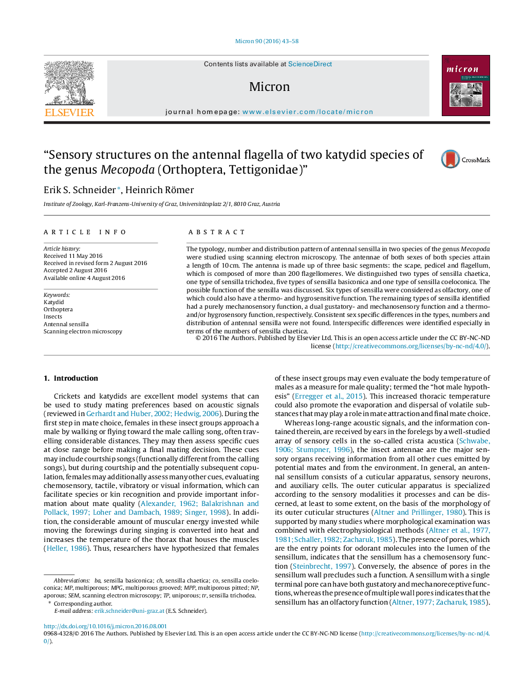 “Sensory structures on the antennal flagella of two katydid species of the genus Mecopoda (Orthoptera, Tettigonidae)”