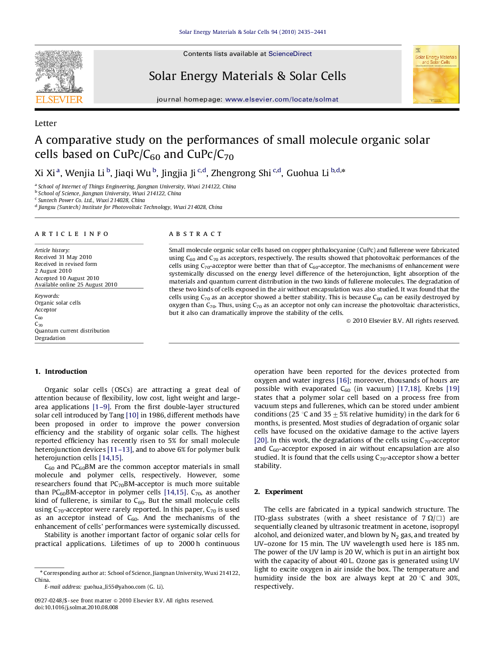 A comparative study on the performances of small molecule organic solar cells based on CuPc/C60 and CuPc/C70