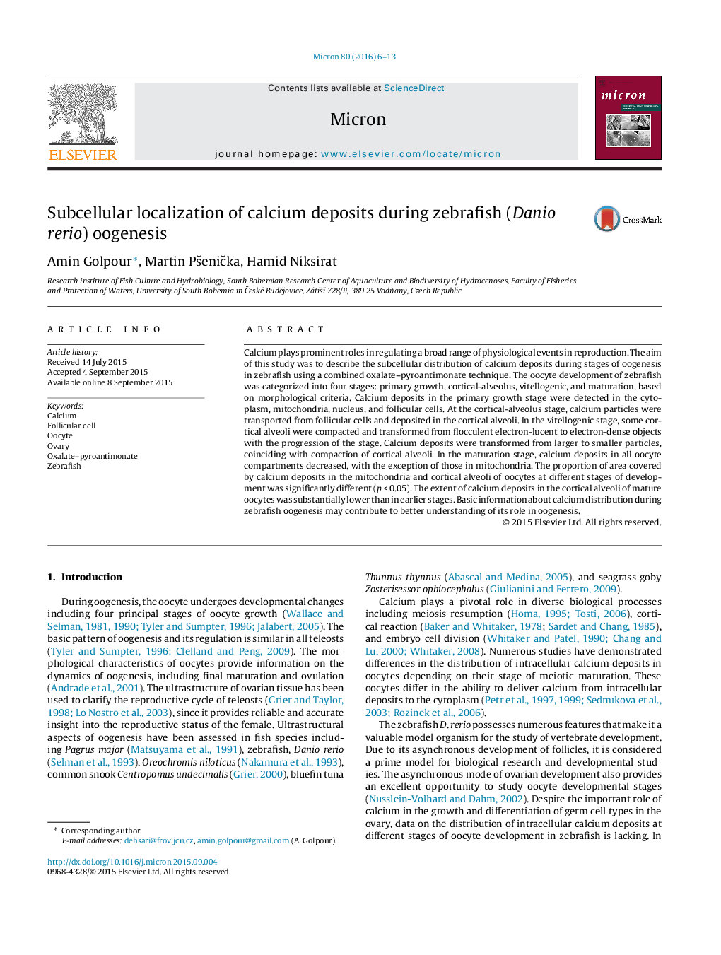 Subcellular localization of calcium deposits during zebrafish (Danio rerio) oogenesis