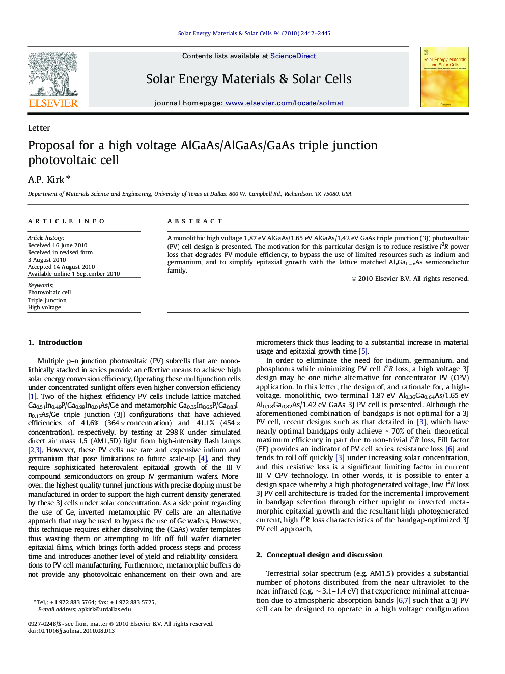 Proposal for a high voltage AlGaAs/AlGaAs/GaAs triple junction photovoltaic cell