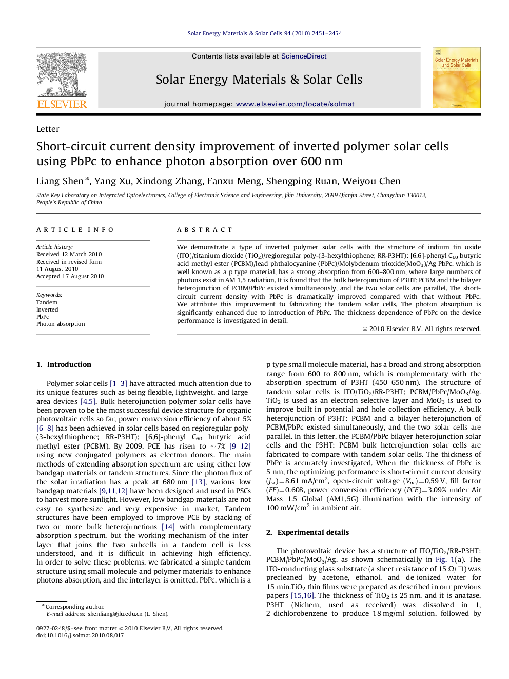 Short-circuit current density improvement of inverted polymer solar cells using PbPc to enhance photon absorption over 600 nm