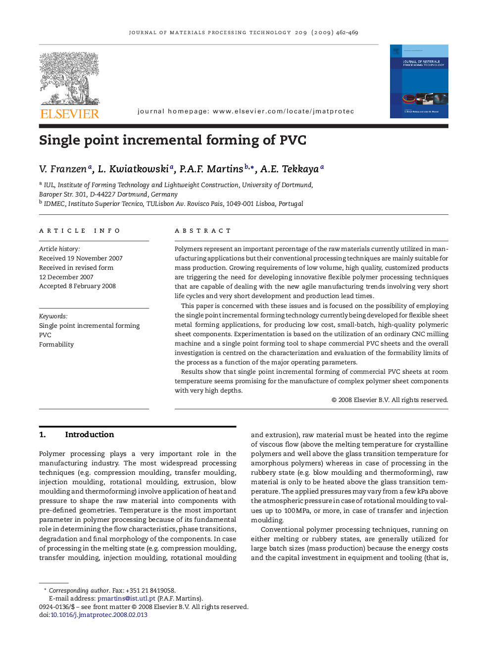 Single point incremental forming of PVC