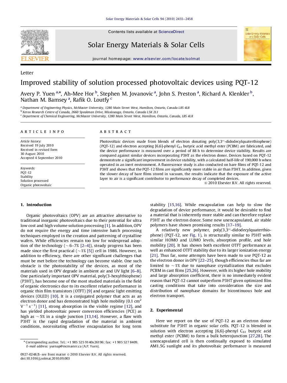 Improved stability of solution processed photovoltaic devices using PQT-12