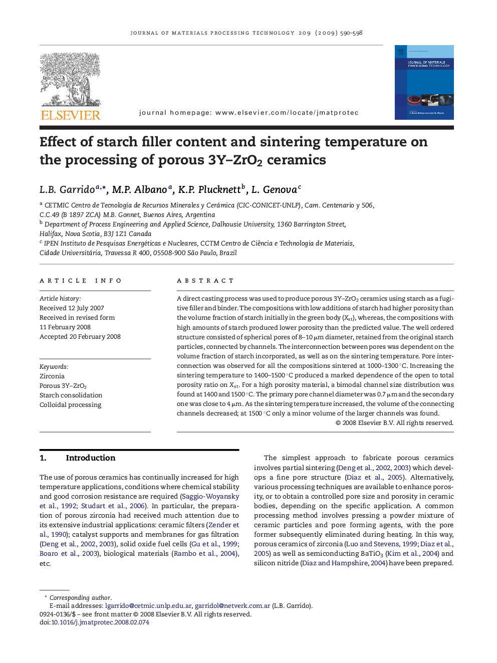 Effect of starch filler content and sintering temperature on the processing of porous 3Y–ZrO2 ceramics