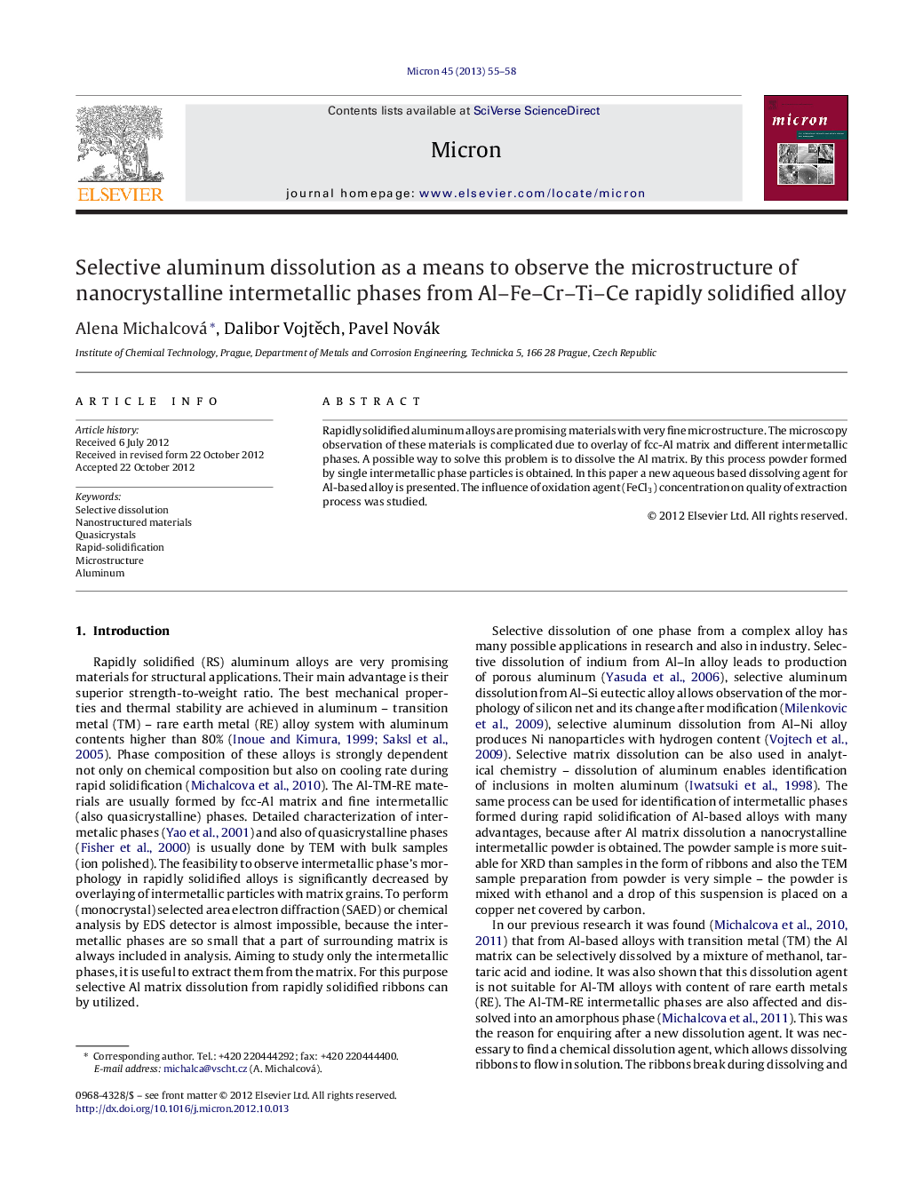 Selective aluminum dissolution as a means to observe the microstructure of nanocrystalline intermetallic phases from Al-Fe-Cr-Ti-Ce rapidly solidified alloy