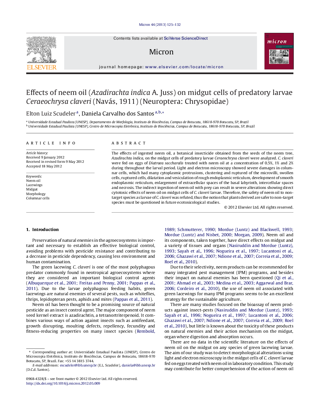 Effects of neem oil (Azadirachta indica A. Juss) on midgut cells of predatory larvae Ceraeochrysa claveri (Navás, 1911) (Neuroptera: Chrysopidae)