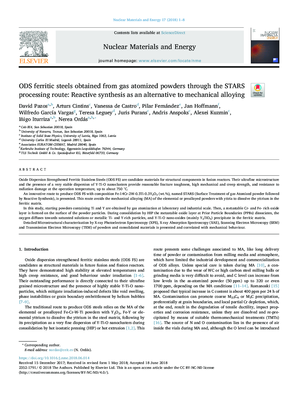 ODS ferritic steels obtained from gas atomized powders through the STARS processing route: Reactive synthesis as an alternative to mechanical alloying