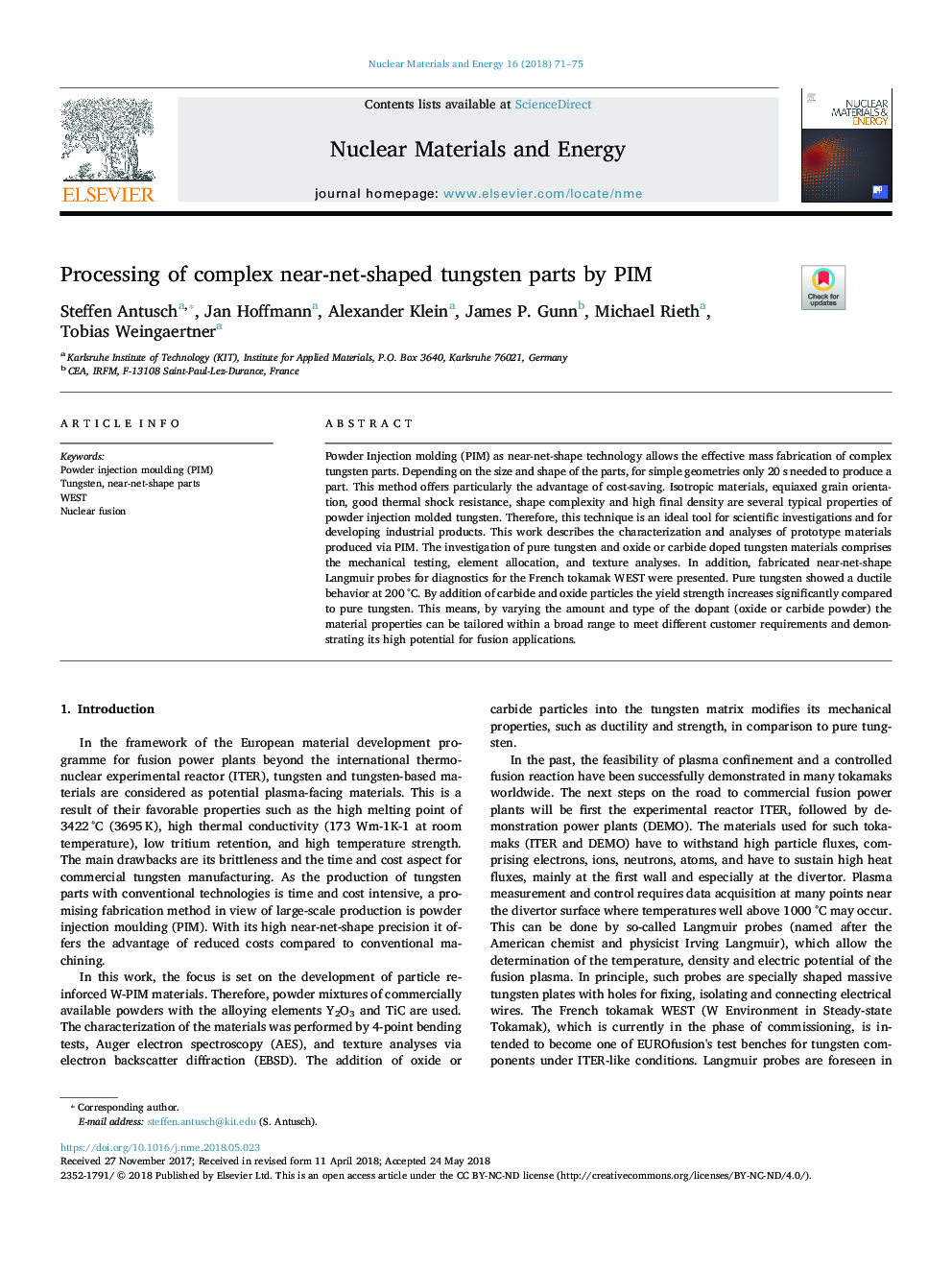 Processing of complex near-net-shaped tungsten parts by PIM