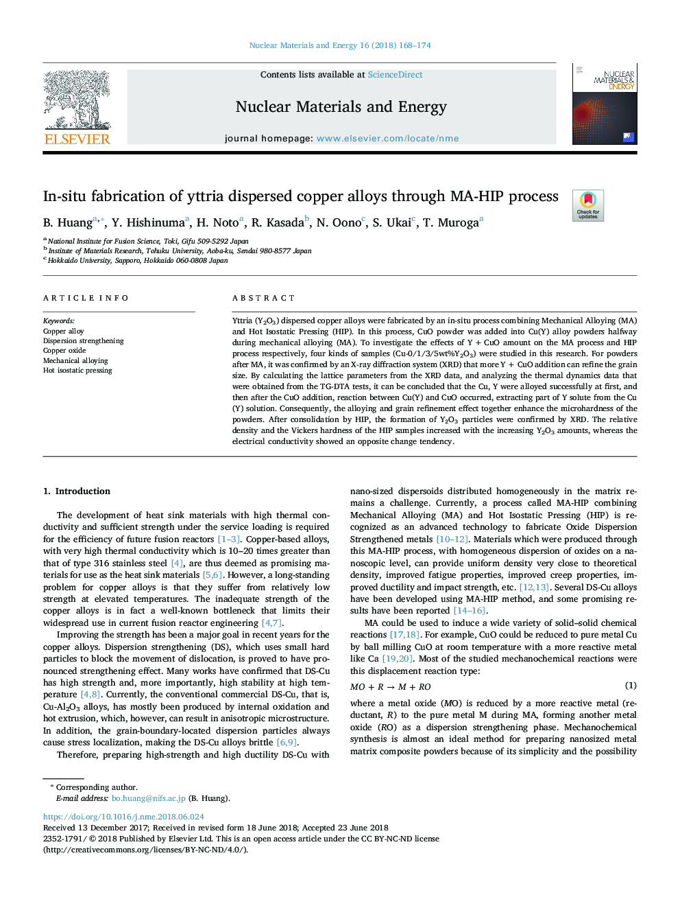 In-situ fabrication of yttria dispersed copper alloys through MA-HIP process