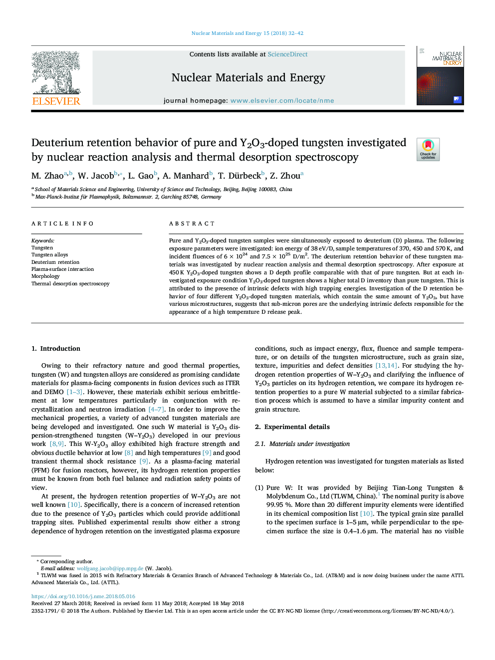 Deuterium retention behavior of pure and Y2O3-doped tungsten investigated by nuclear reaction analysis and thermal desorption spectroscopy