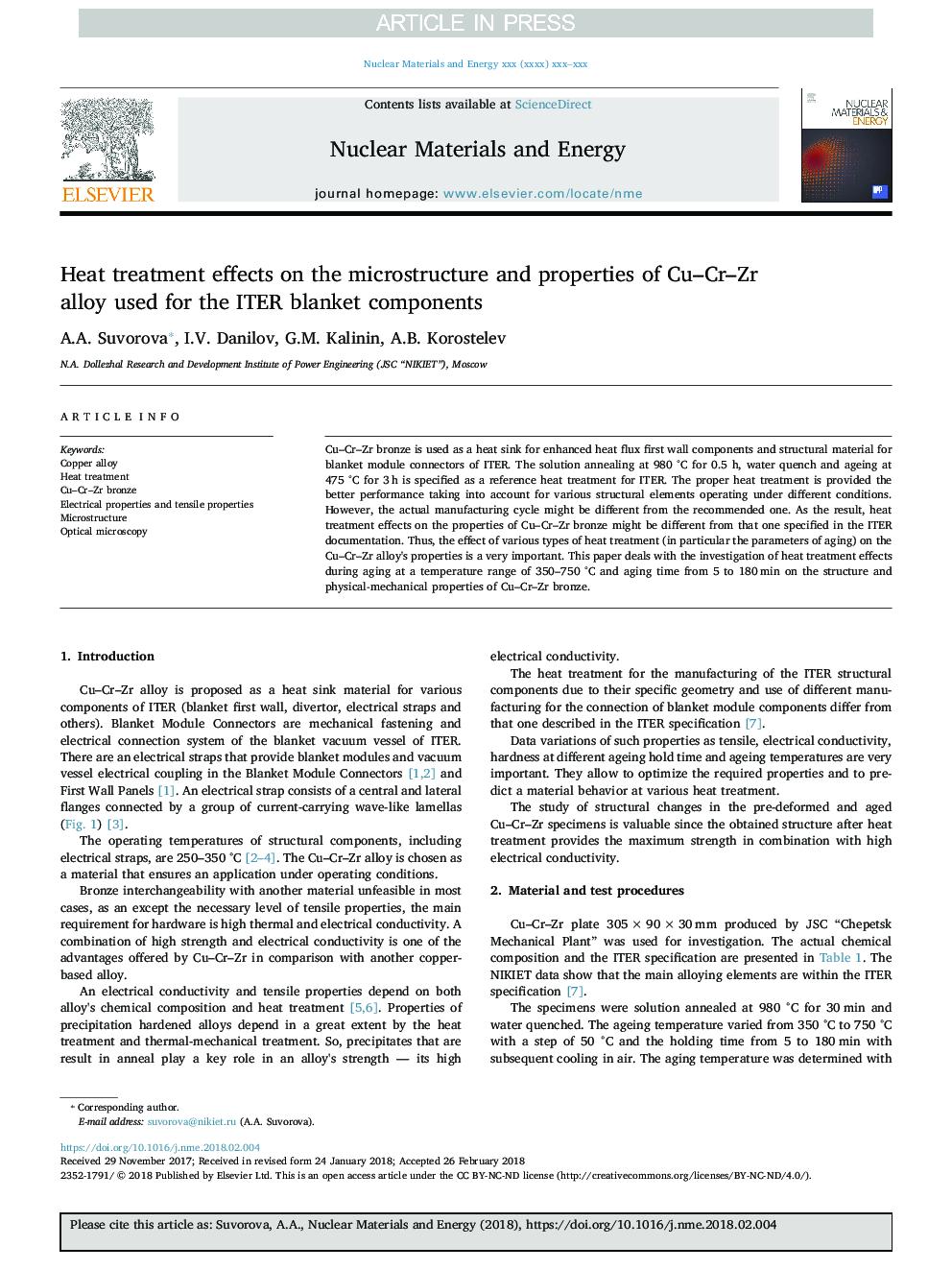 Heat treatment effects on the microstructure and properties of Cu-Cr-Zr alloy used for the ITER blanket components