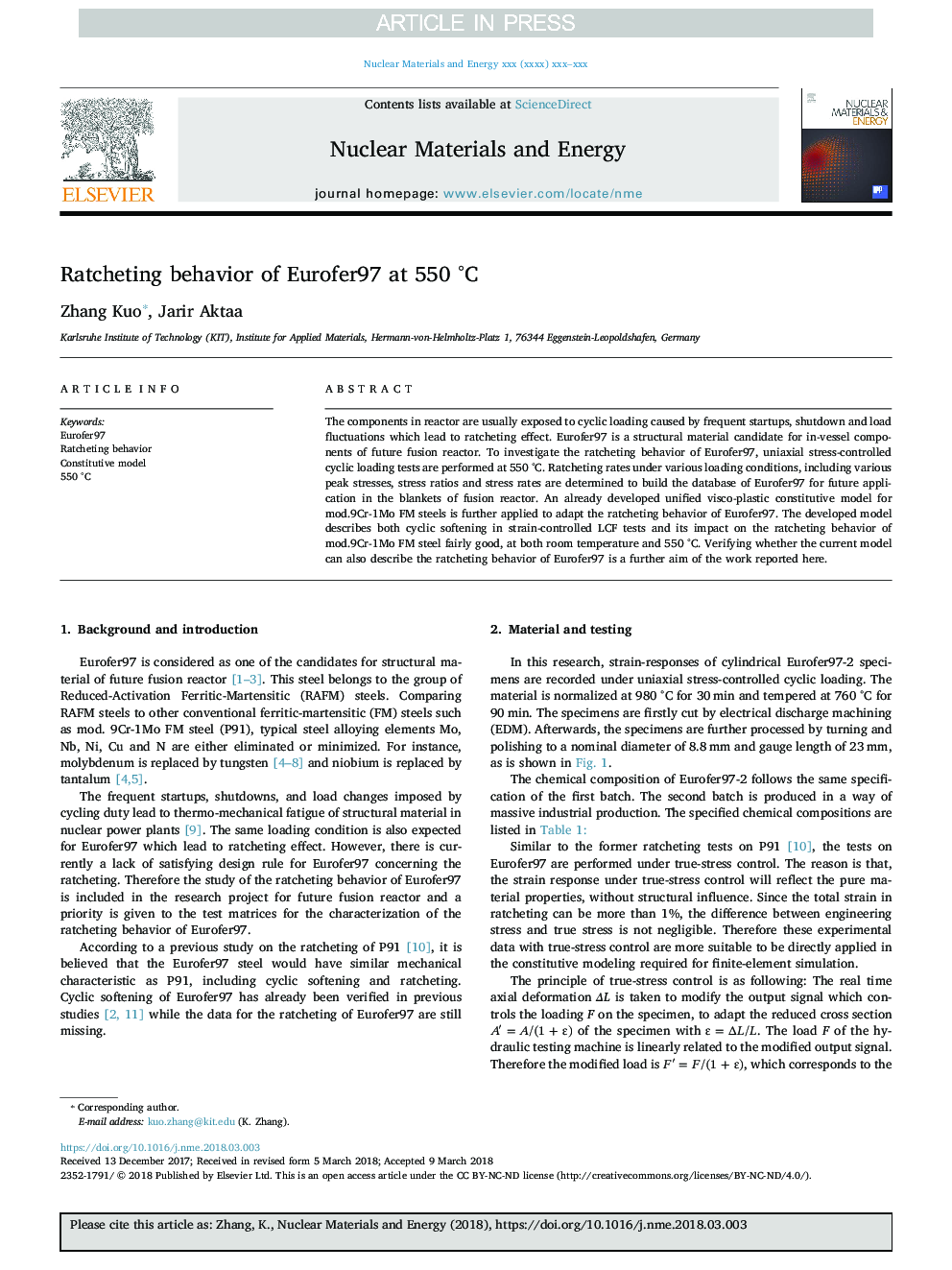 Ratcheting behavior of Eurofer97 at 550Â Â°C