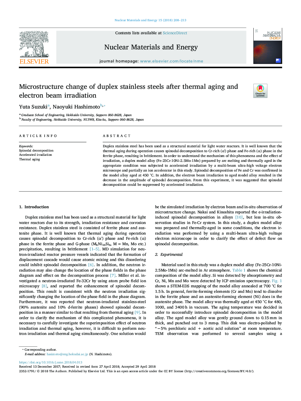 Microstructure change of duplex stainless steels after thermal aging and electron beam irradiation