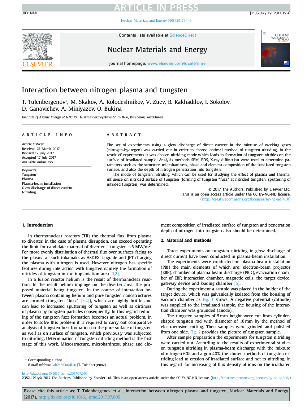 Interaction between nitrogen plasma and tungsten