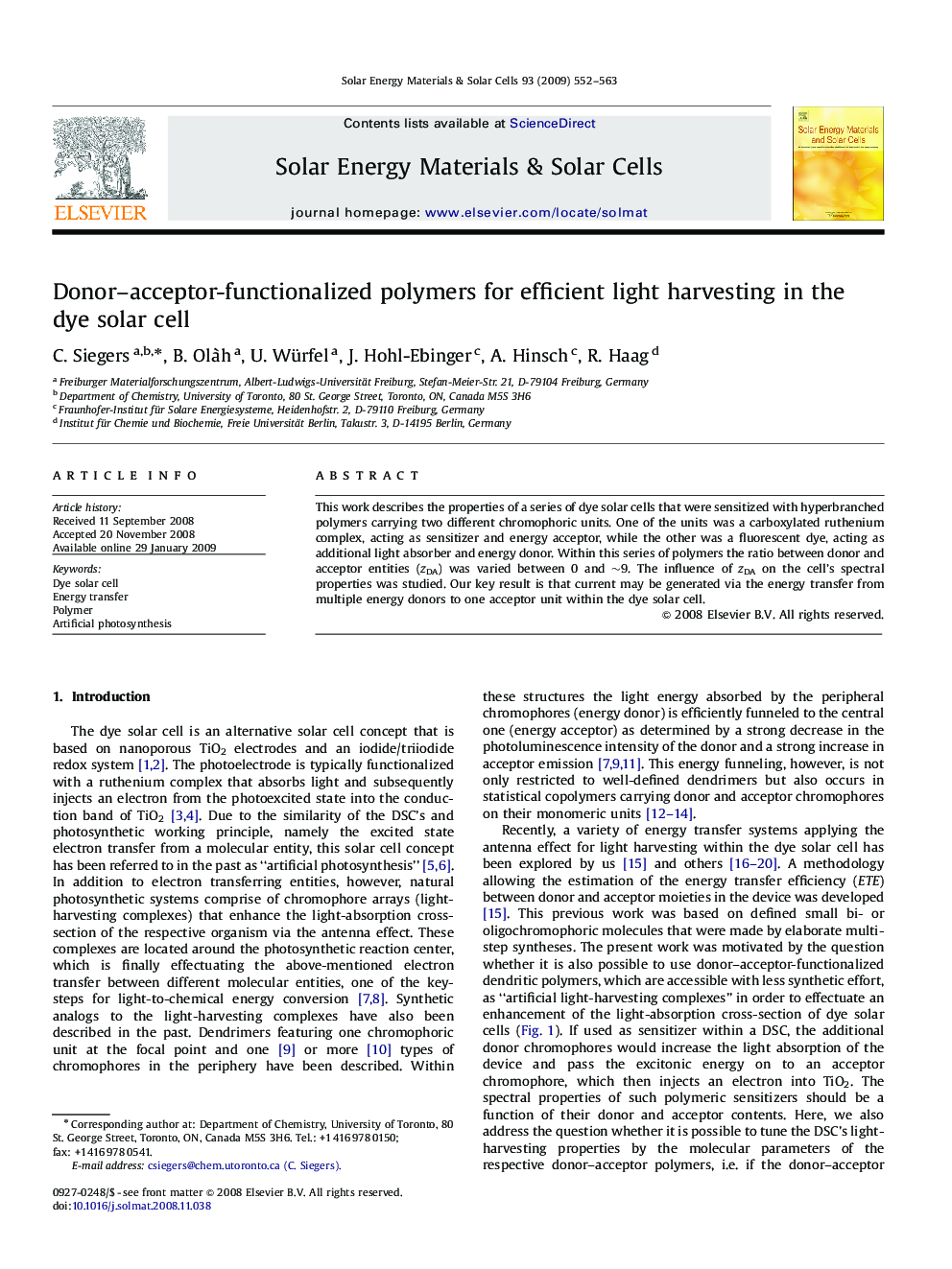 Donor–acceptor-functionalized polymers for efficient light harvesting in the dye solar cell