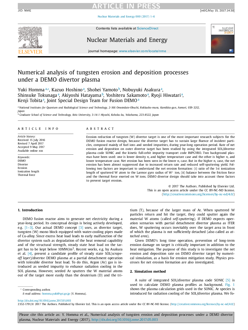 عکس صفحه اول مقاله: Numerical analysis of tungsten erosion and deposition processes under a DEMO divertor plasma Numerical analysis of tungsten erosion and deposition processes under a DEMO divertor plasma