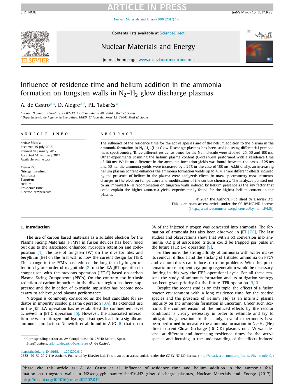 عکس صفحه اول مقاله: Influence of residence time and helium addition in the ammonia formation on tungsten walls in N2H2 glow discharge plasmas Influence of residence time and helium addition in the ammonia formation on tungsten walls in N2H2 glow discharge plasmas