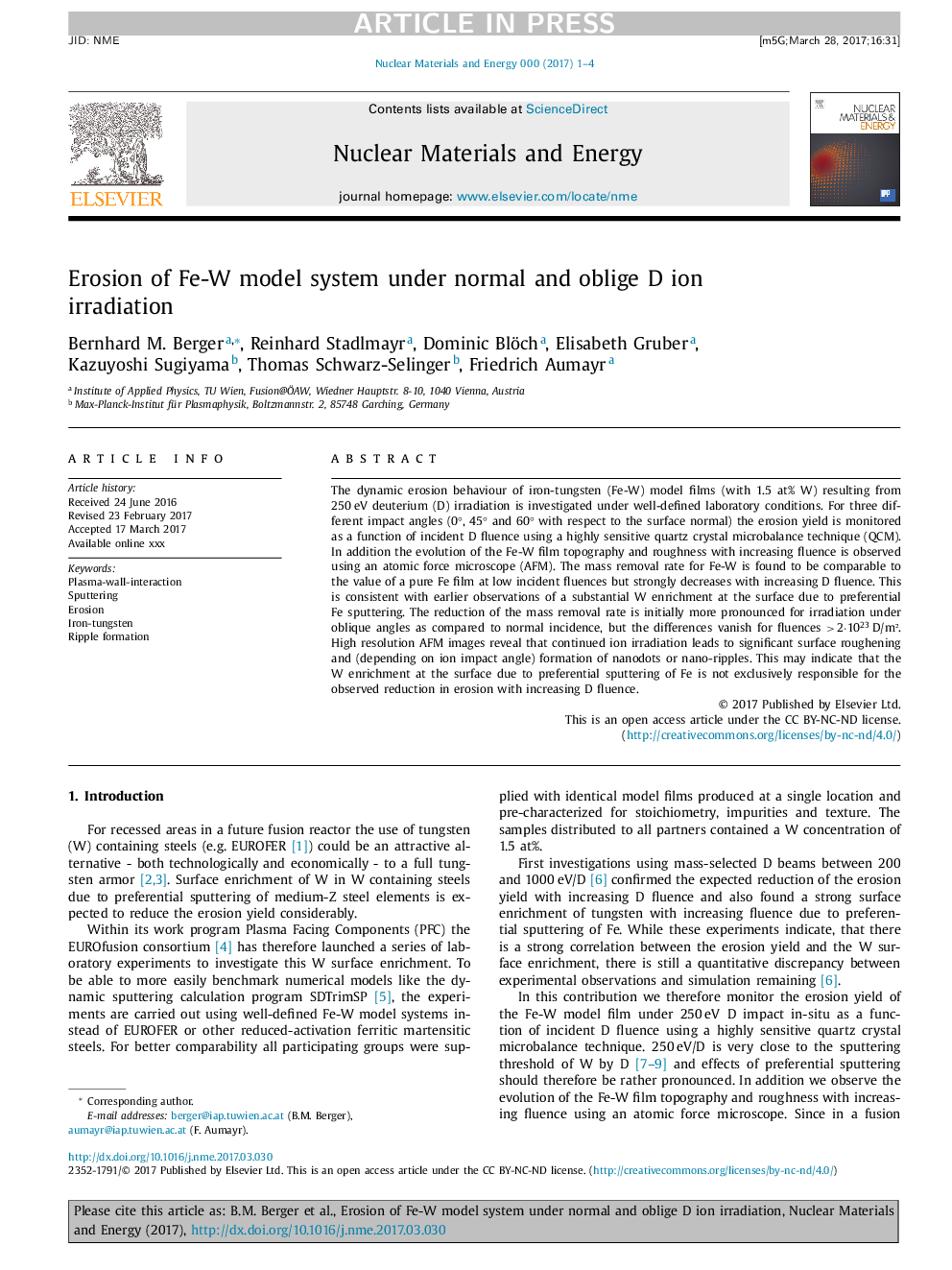 عکس صفحه اول مقاله: Erosion of Fe-W model system under normal and oblige D ion irradiation Erosion of Fe-W model system under normal and oblige D ion irradiation
