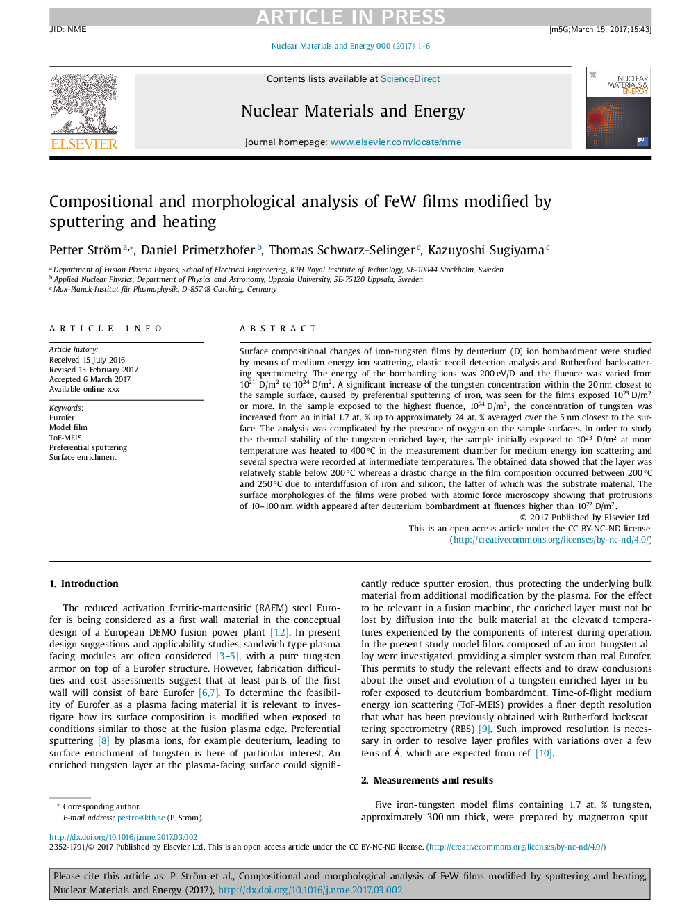 Compositional and morphological analysis of FeW films modified by sputtering and heating