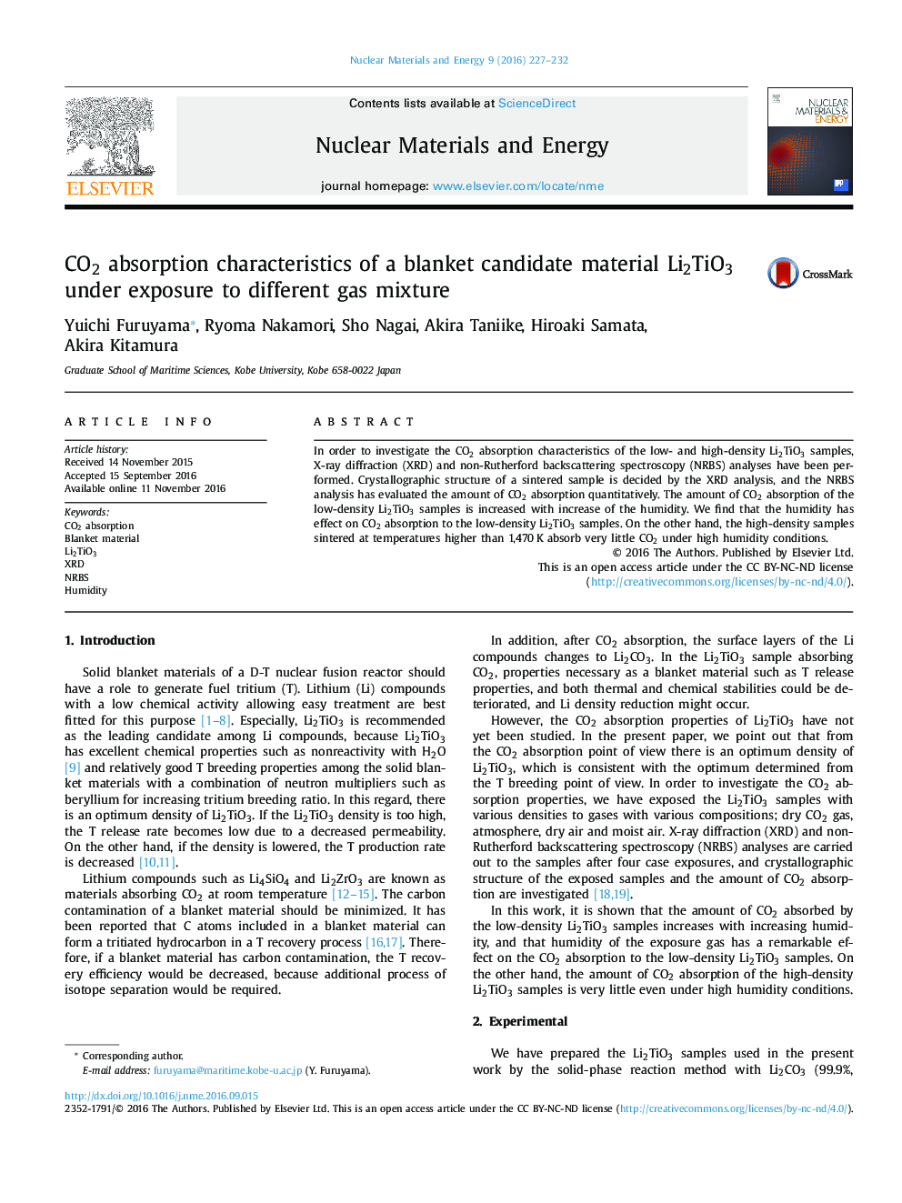 CO2 absorption characteristics of a blanket candidate material Li2TiO3 under exposure to different gas mixture