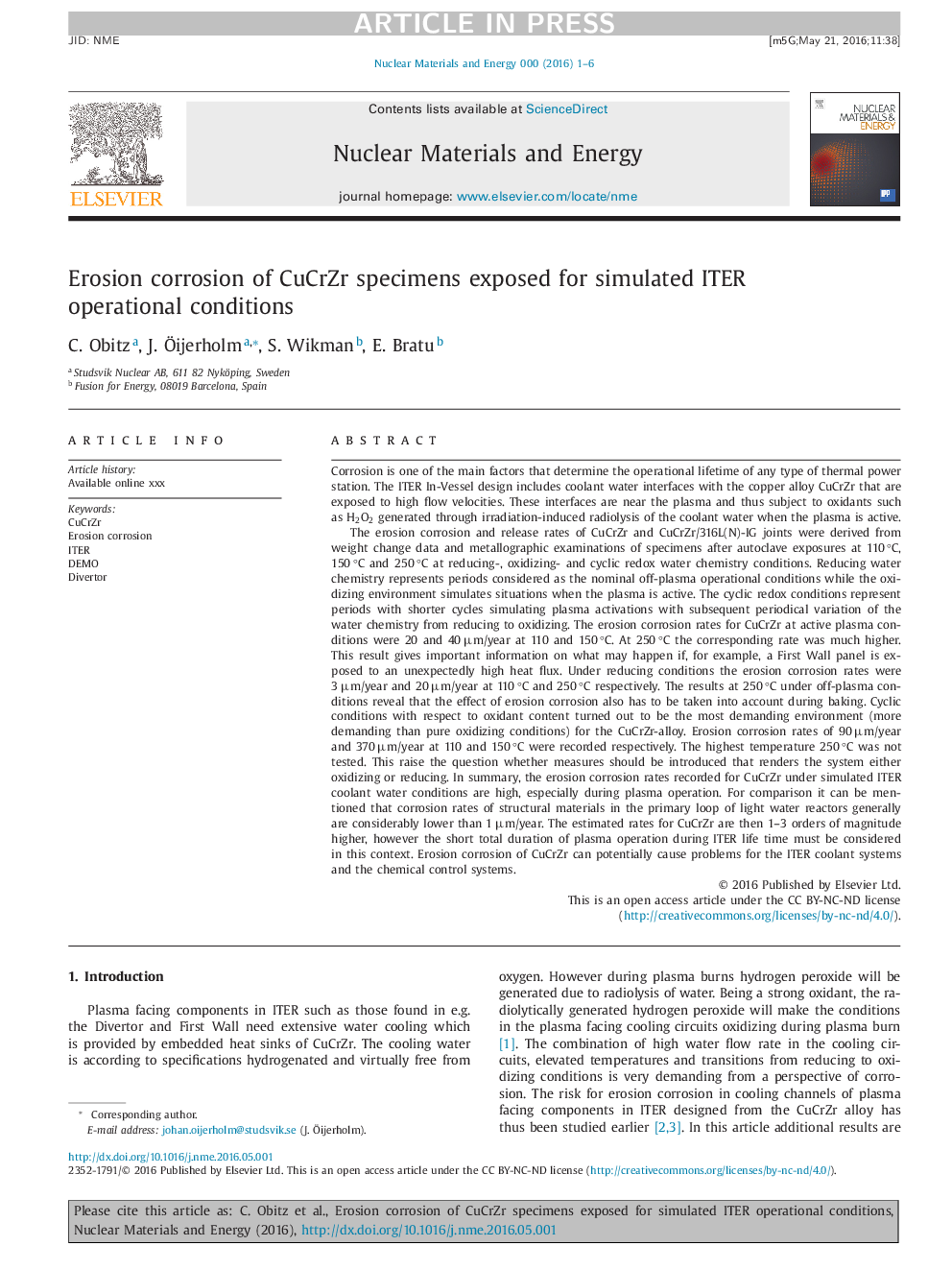 Erosion corrosion of CuCrZr specimens exposed for simulated ITER operational conditions