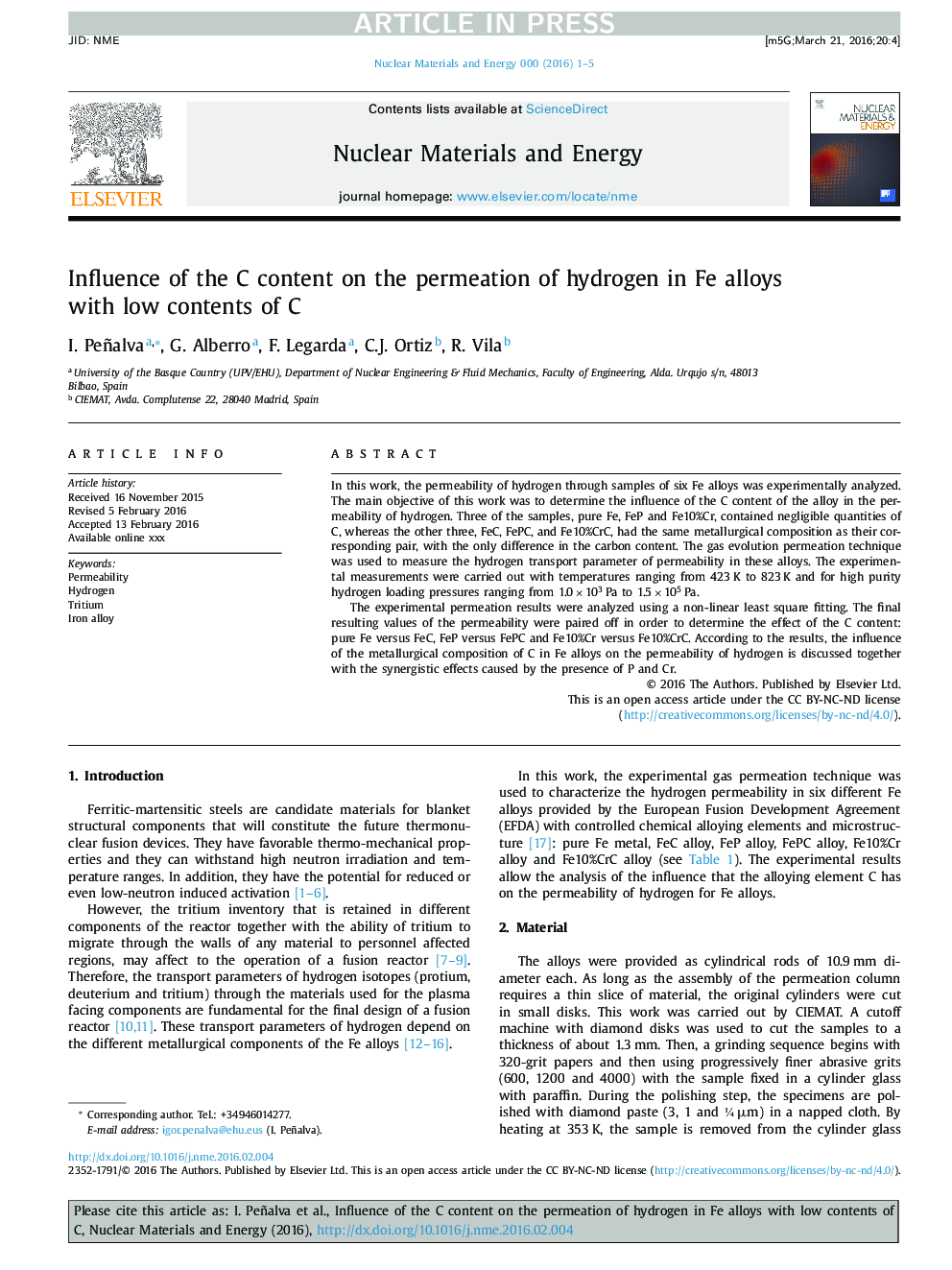 Influence of the C content on the permeation of hydrogen in Fe alloys with low contents of C