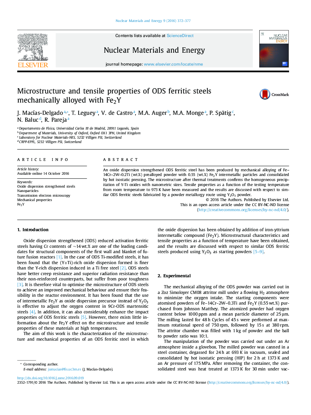 Microstructure and tensile properties of ODS ferritic steels mechanically alloyed with Fe2Y