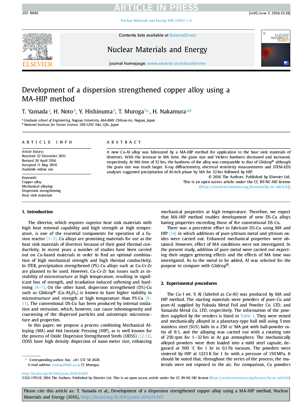 Development of a dispersion strengthened copper alloy using a MA-HIP method