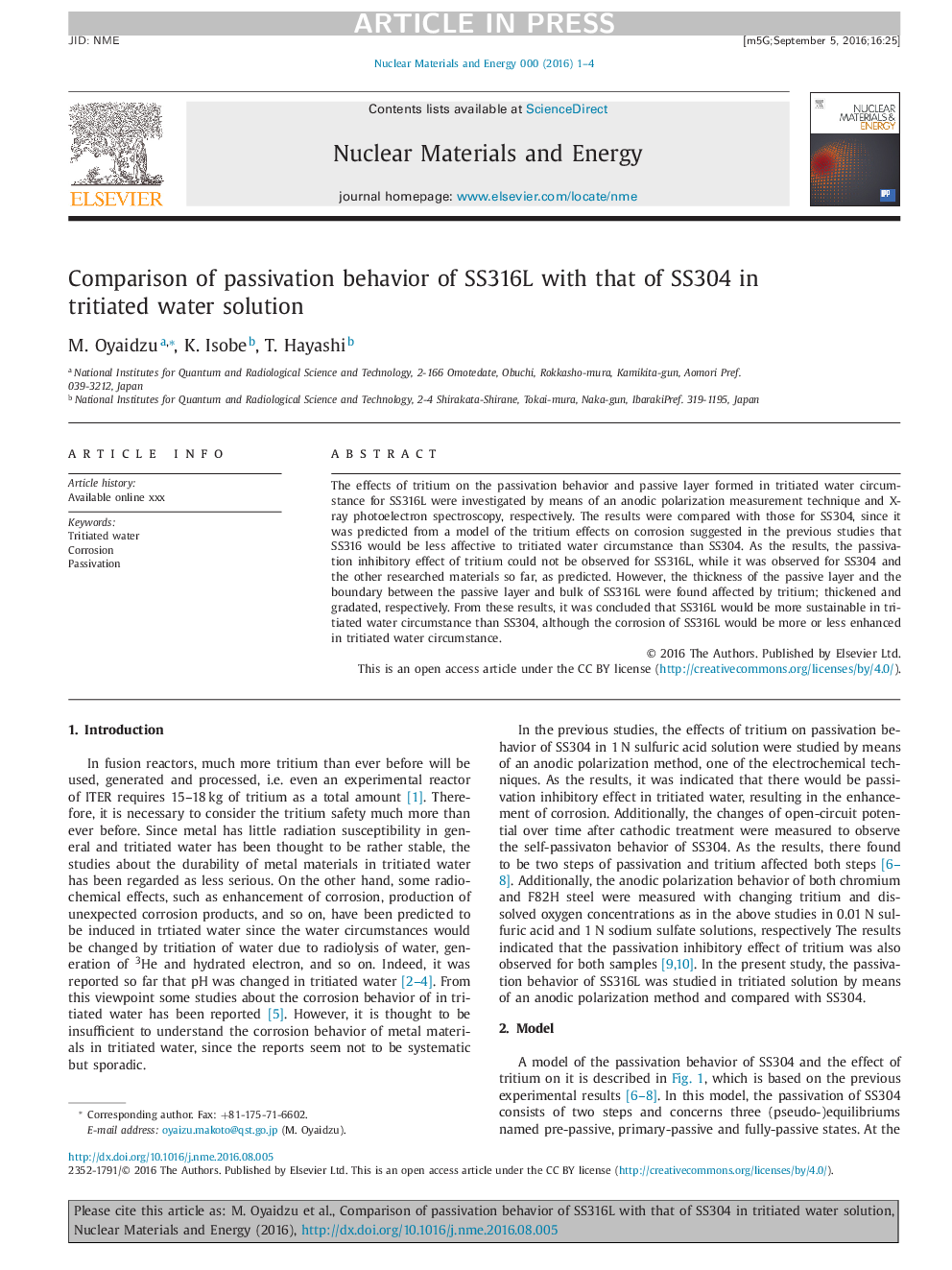 Comparison of passivation behavior of SS316L with that of SS304 in tritiated water solution