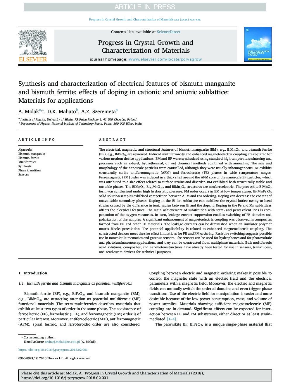 Synthesis and characterization of electrical features of bismuth manganite and bismuth ferrite: effects of doping in cationic and anionic sublattice: Materials for applications