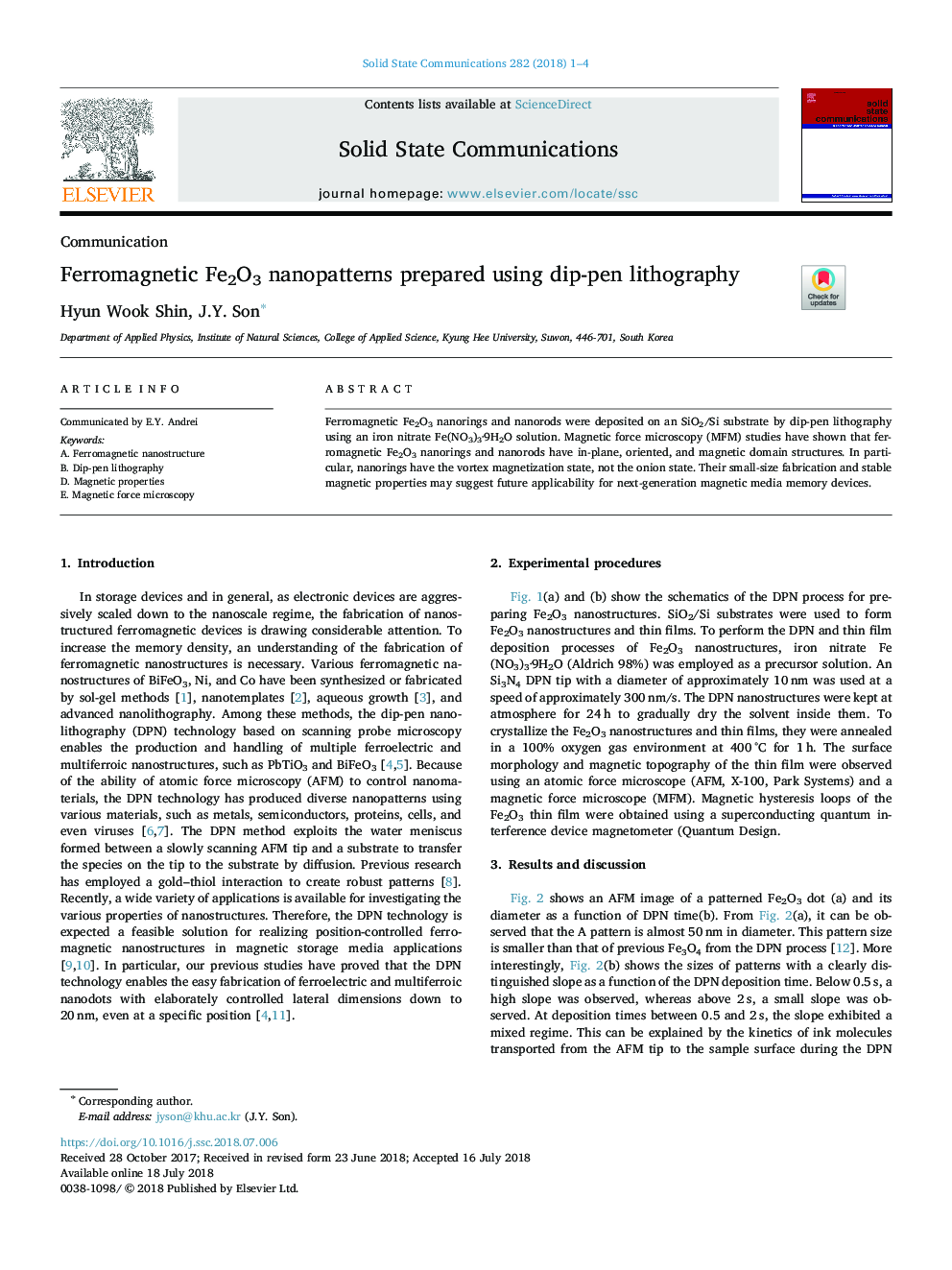 Ferromagnetic Fe2O3 nanopatterns prepared using dip-pen lithography