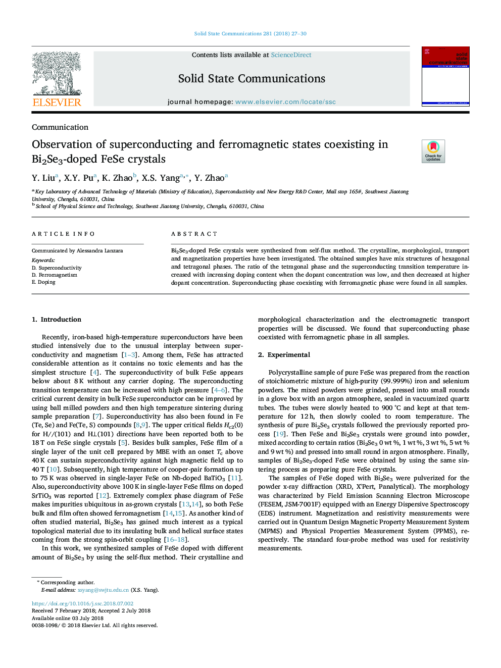 Observation of superconducting and ferromagnetic states coexisting in Bi2Se3-doped FeSe crystals