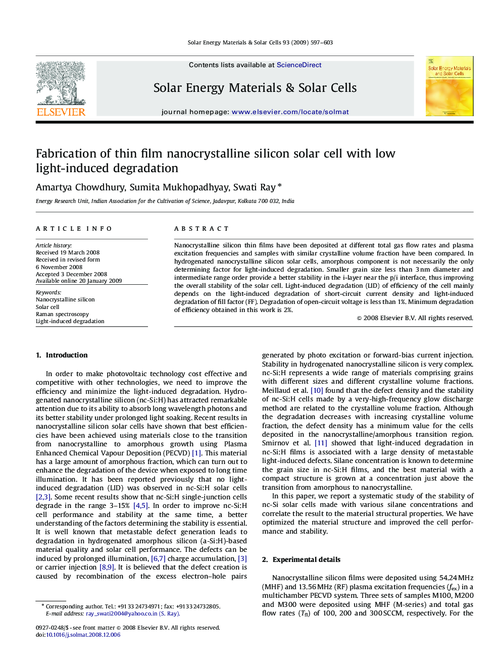 Fabrication of thin film nanocrystalline silicon solar cell with low light-induced degradation