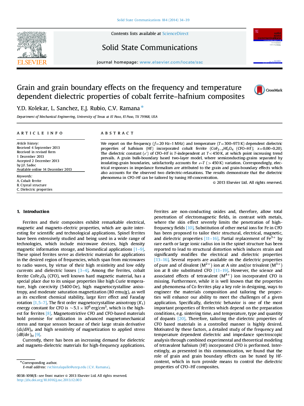 Grain and grain boundary effects on the frequency and temperature dependent dielectric properties of cobalt ferrite-hafnium composites
