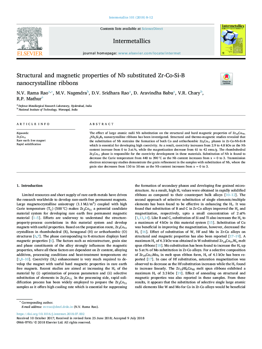 Structural and magnetic properties of Nb substituted Zr-Co-Si-B nanocrystalline ribbons