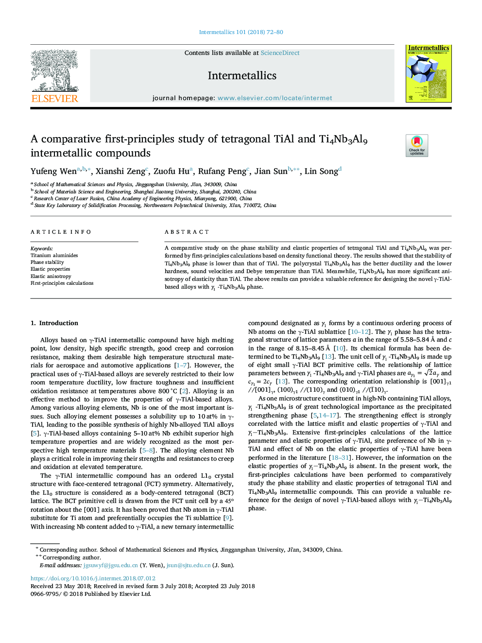 A comparative first-principles study of tetragonal TiAl and Ti4Nb3Al9 intermetallic compounds