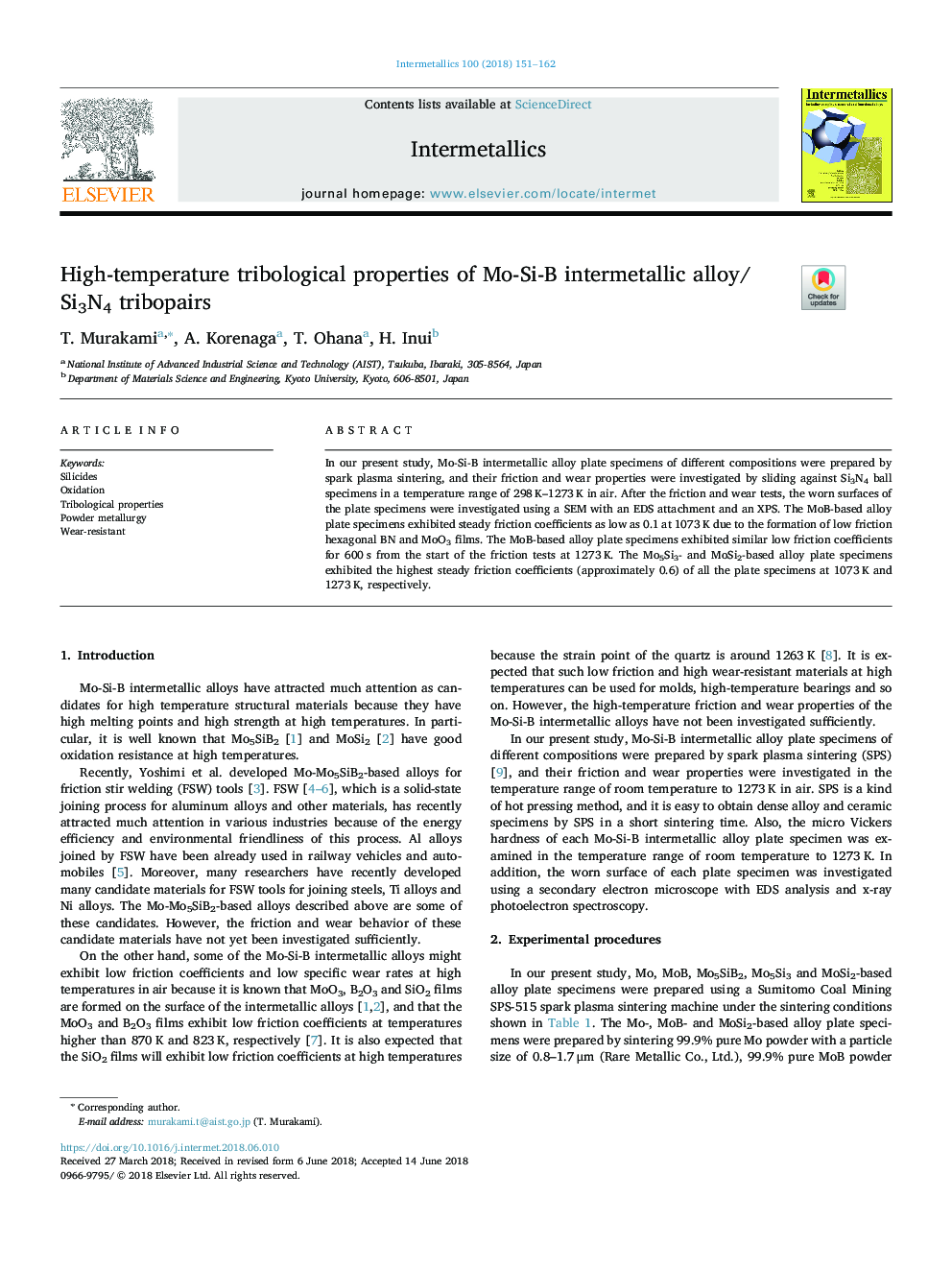 High-temperature tribological properties of Mo-Si-B intermetallic alloy/Si3N4 tribopairs