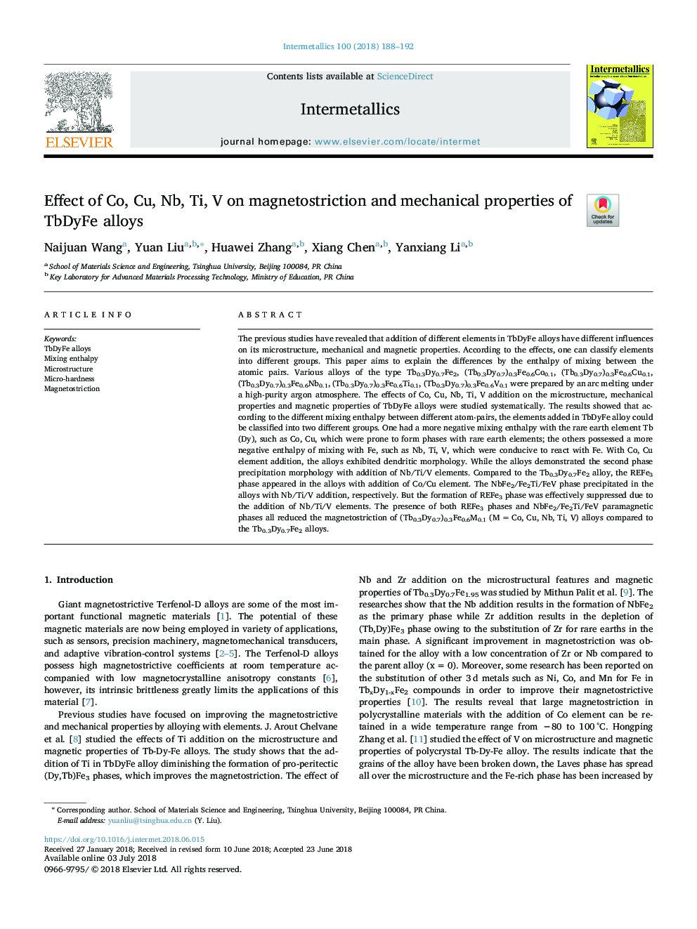 Effect of Co, Cu, Nb, Ti, V on magnetostriction and mechanical properties of TbDyFe alloys
