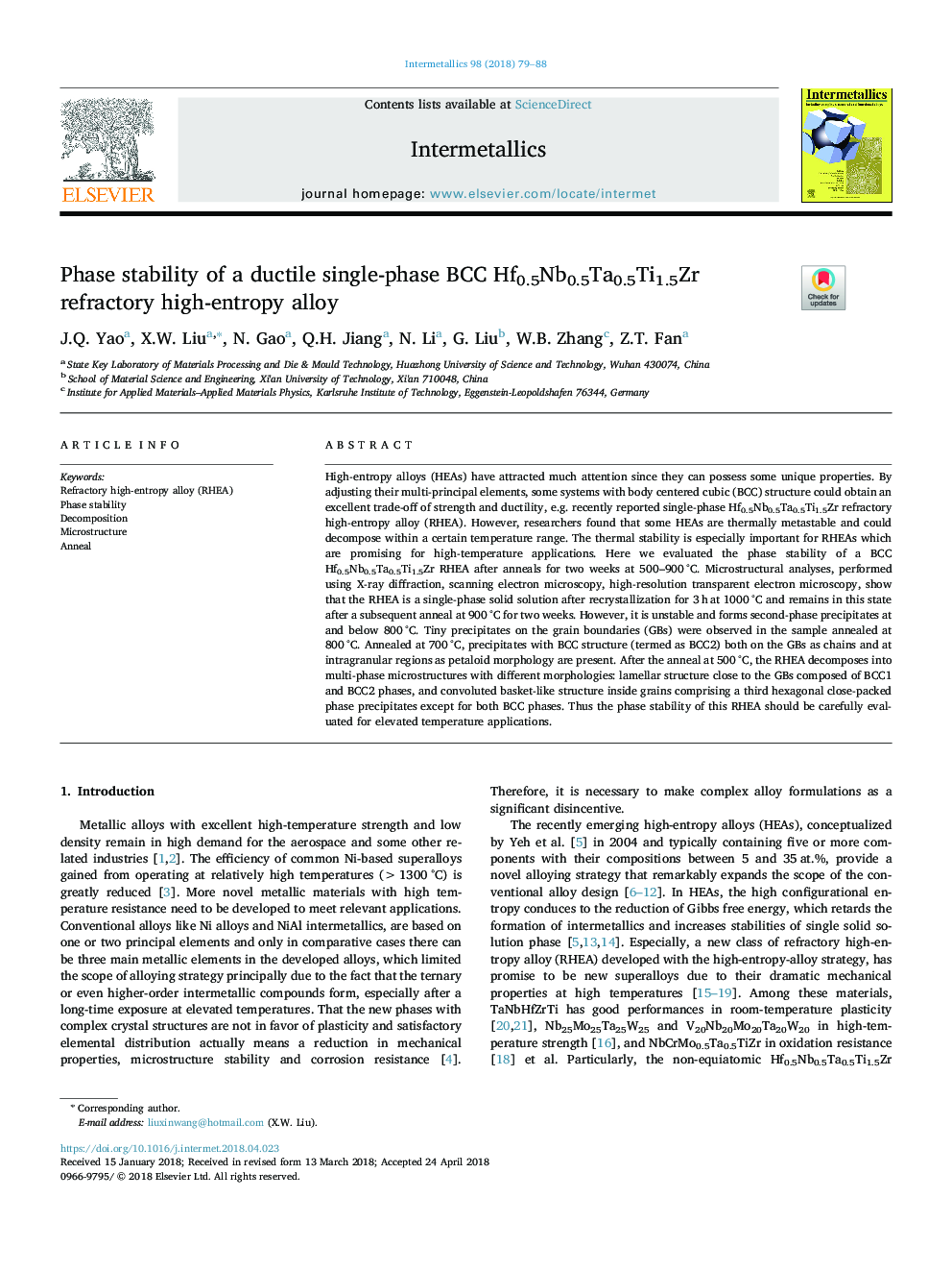 Phase stability of a ductile single-phase BCC Hf0.5Nb0.5Ta0.5Ti1.5Zr refractory high-entropy alloy