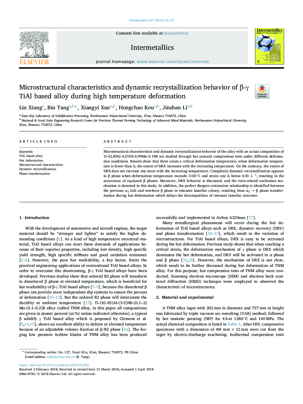 Microstructural characteristics and dynamic recrystallization behavior of Î²-Î³ TiAl based alloy during high temperature deformation