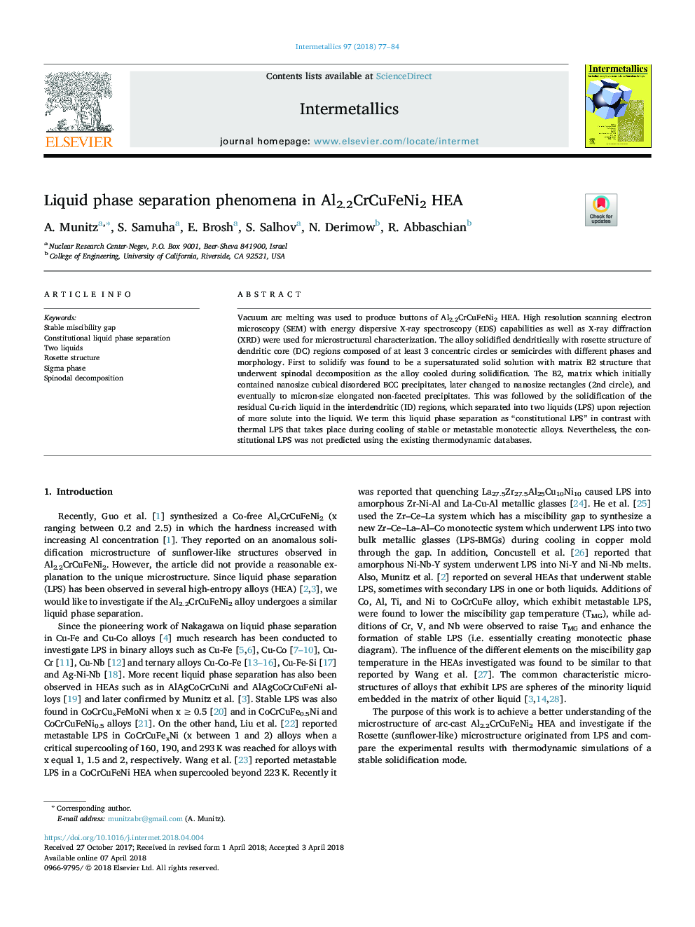 Liquid phase separation phenomena in Al2.2CrCuFeNi2 HEA