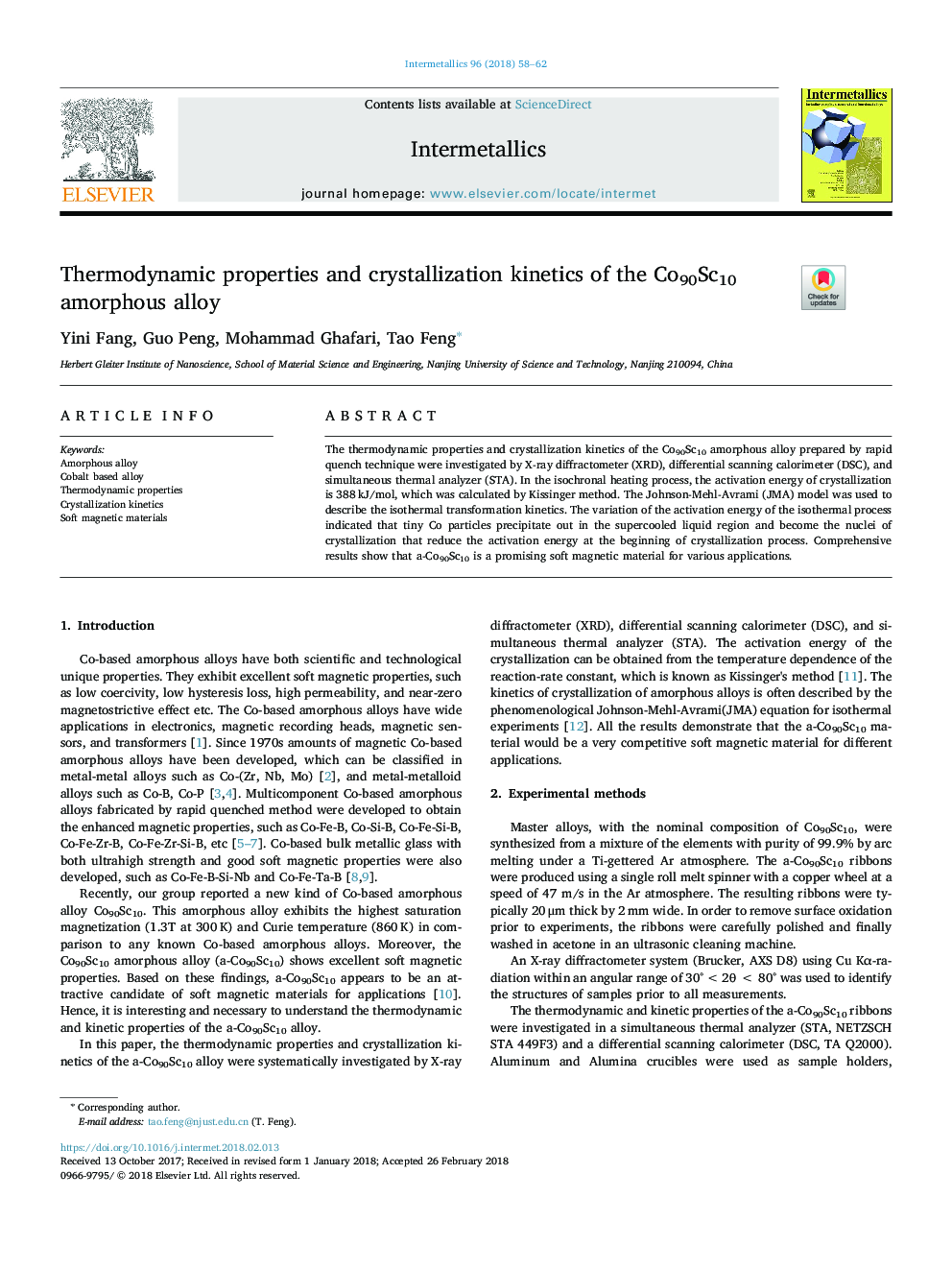 Thermodynamic properties and crystallization kinetics of the Co90Sc10 amorphous alloy