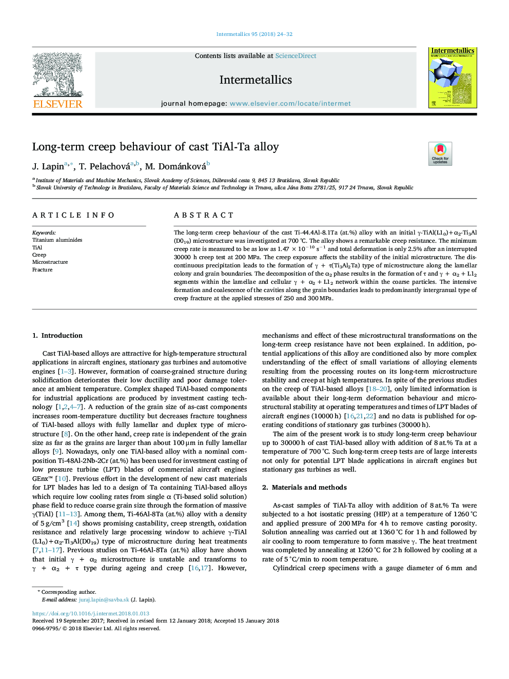 Long-term creep behaviour of cast TiAl-Ta alloy