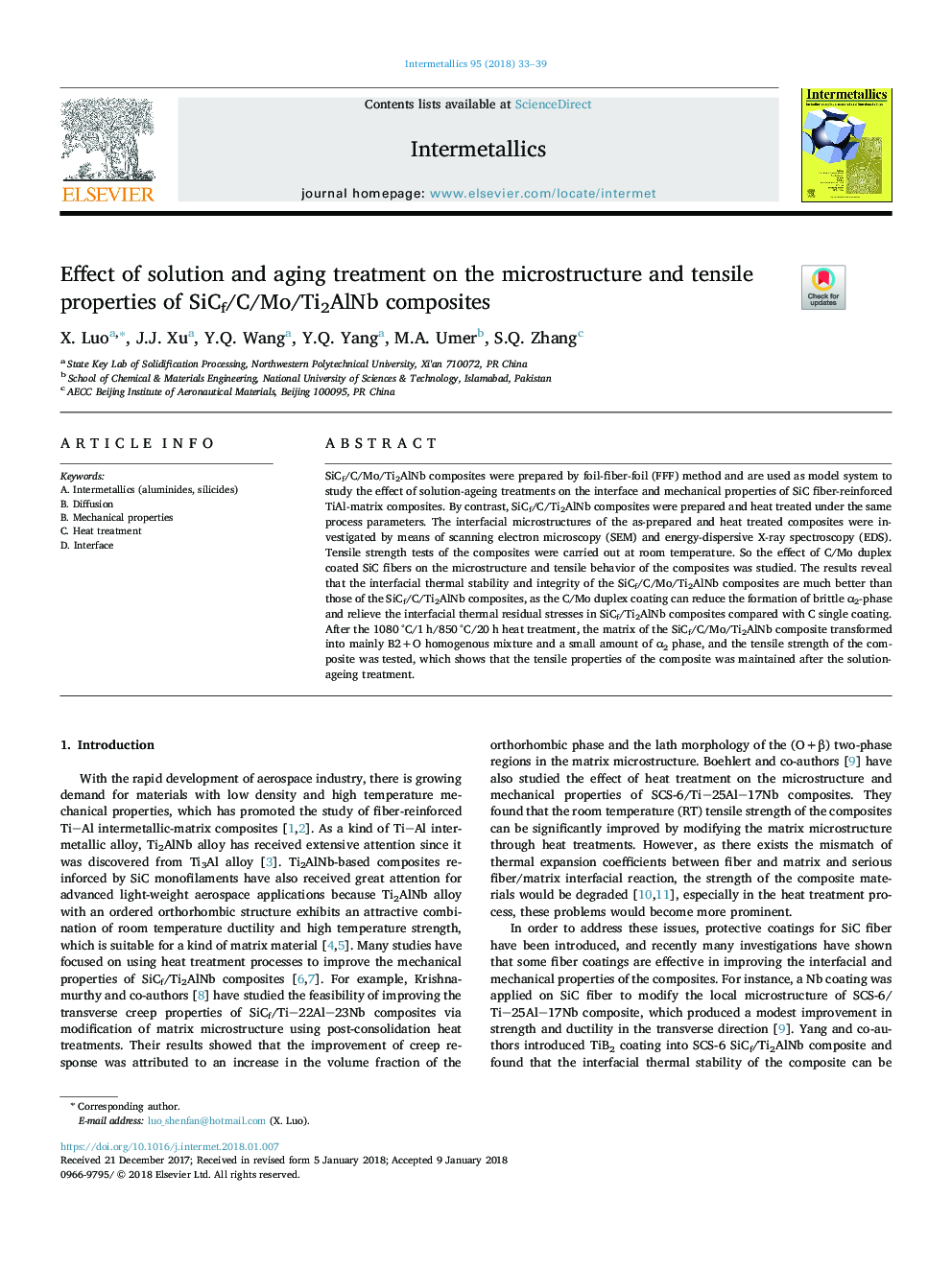 Effect of solution and aging treatment on the microstructure and tensile properties of SiCf/C/Mo/Ti2AlNb composites