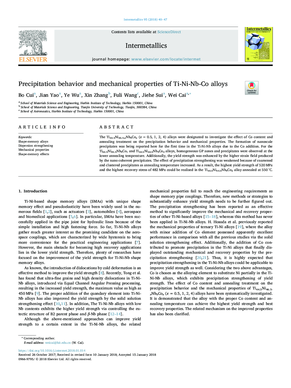 Precipitation behavior and mechanical properties of Ti-Ni-Nb-Co alloys