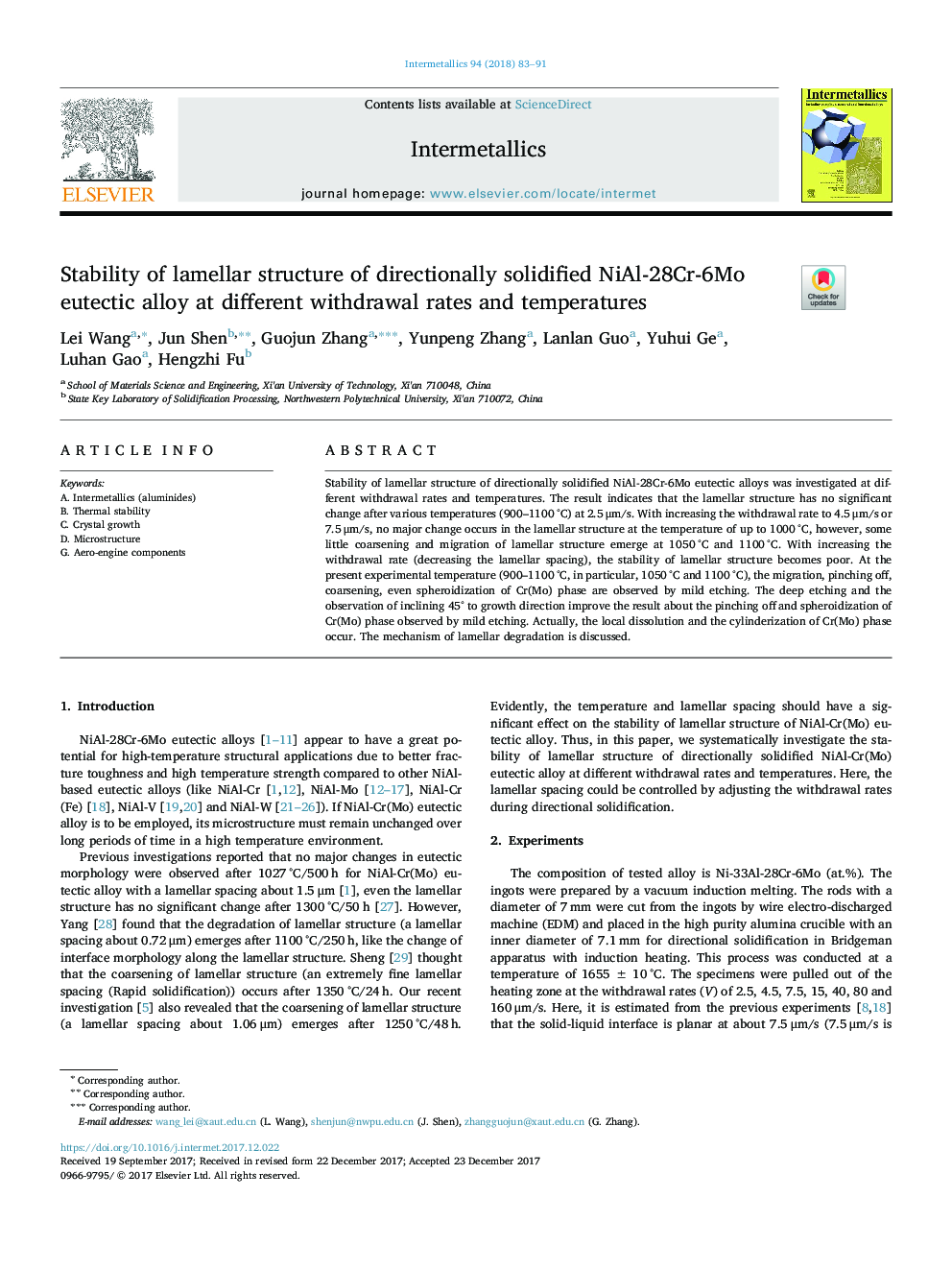 Stability of lamellar structure of directionally solidified NiAl-28Cr-6Mo eutectic alloy at different withdrawal rates and temperatures